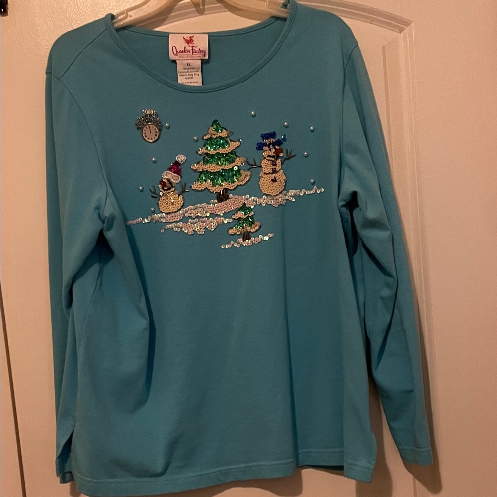 Quacker Factory Teal Snowman Long Sleeve Tee